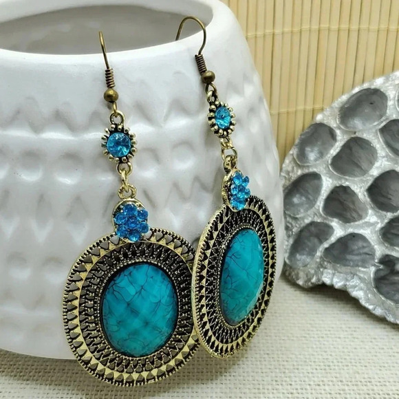 Bold Antiqued Swirl Gem Earrings Turquoise Bronze - Picture 2 of 6